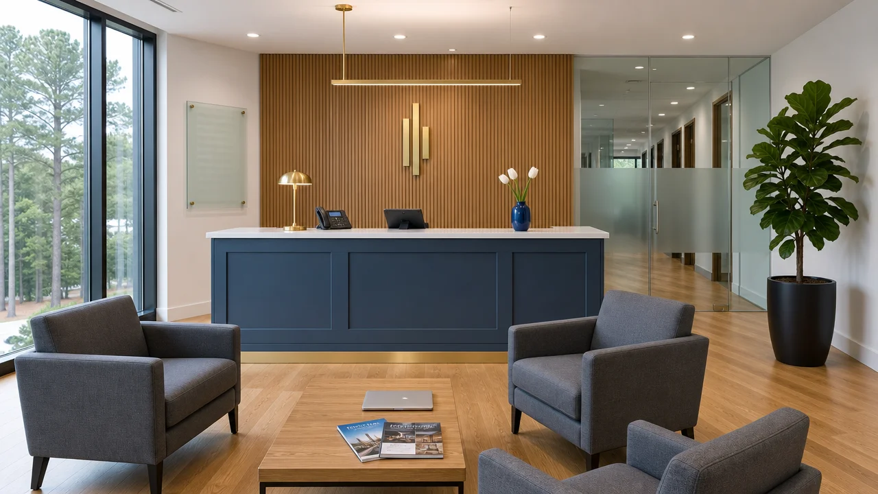 Spotless small-office lobby after a commercial clean - polished hardwood floor, modern reception desk, seating area, and a healthy plant