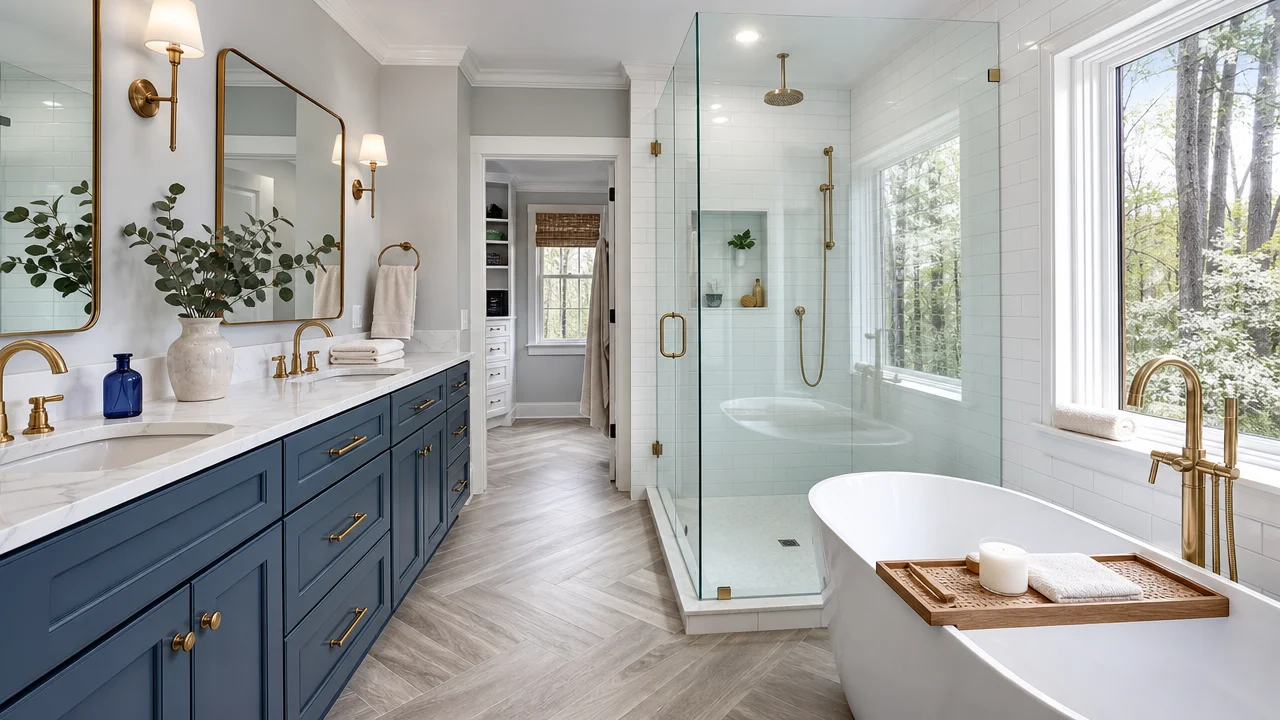Spotless bathroom after a deep clean - polished glass shower, gleaming herringbone tile floor, and a freestanding tub