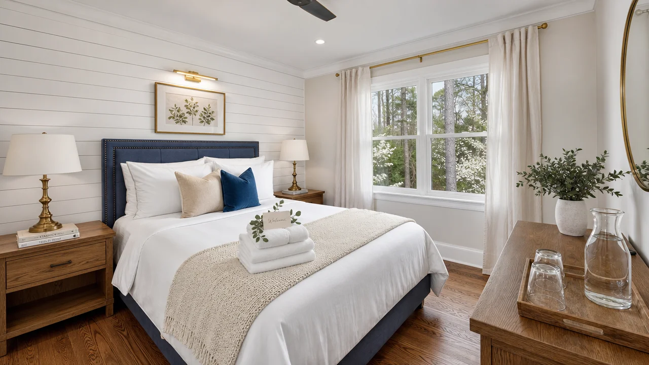 Short-term rental bedroom reset between guests - bed made with crisp linens, fresh towel stack, water carafe on the nightstand