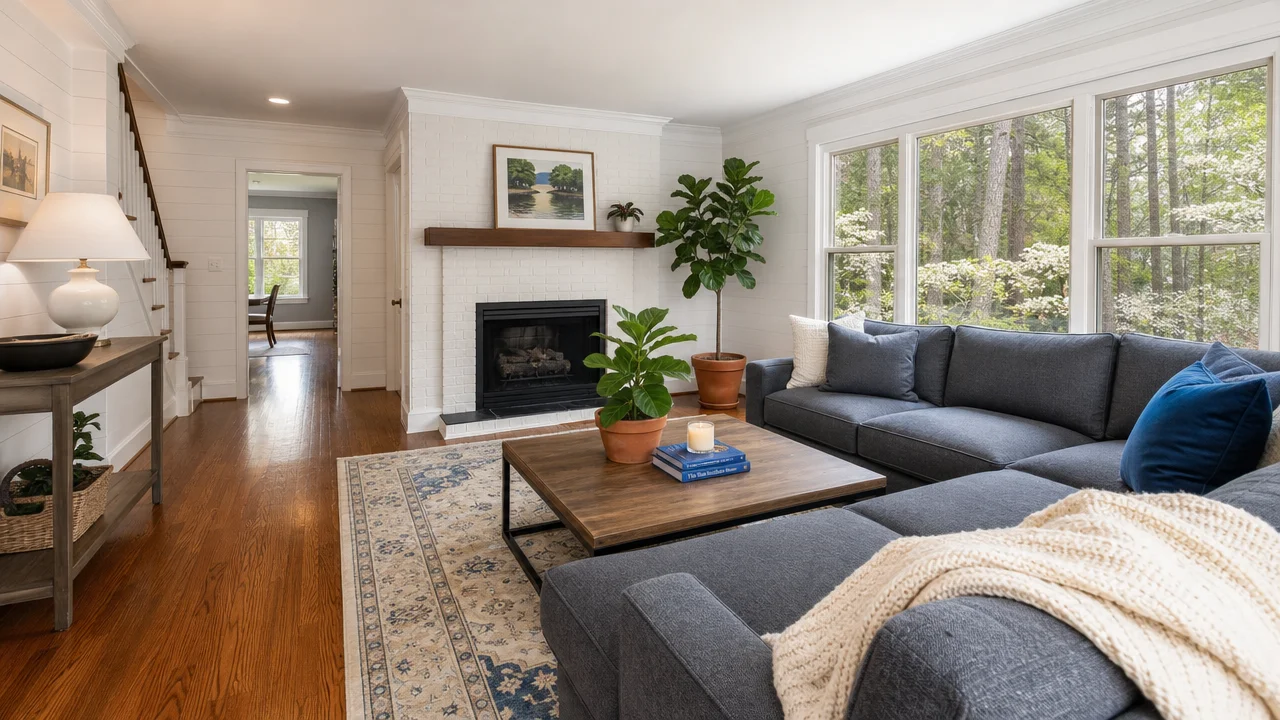 Bright, freshly cleaned Triangle living room with a sofa, coffee table, and fireplace