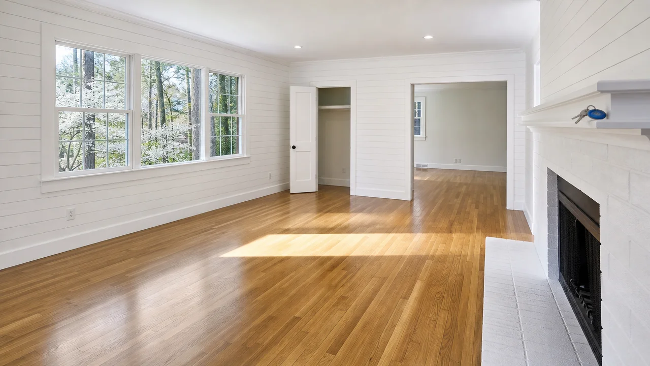 Empty living room ready for the next occupant - bare hardwood floors, freshly painted walls, and a clean fireplace
