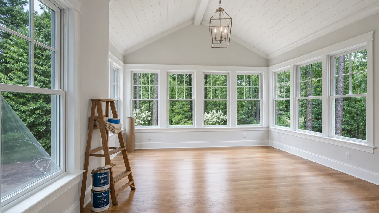 Freshly built sunroom ready for final post-construction clean - paint can and roller still in the corner, bright windows, vaulted ceiling
