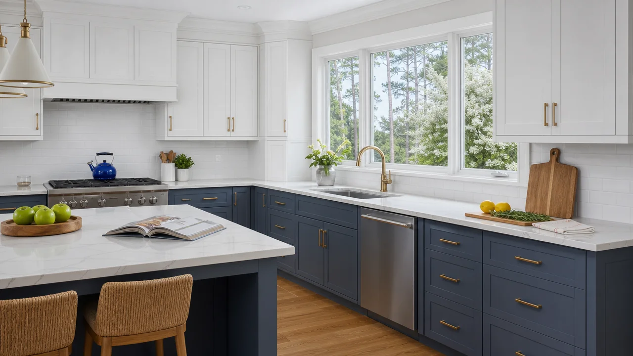 Bright, freshly cleaned kitchen with a navy island, white cabinets, and stainless appliances